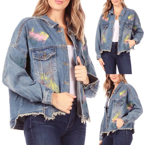 Caution To The Wind Jackets & Blazers - NEW Oversize Retro 70s 80s Paint Splatter Splash Distressed Hem Denim Jacket
